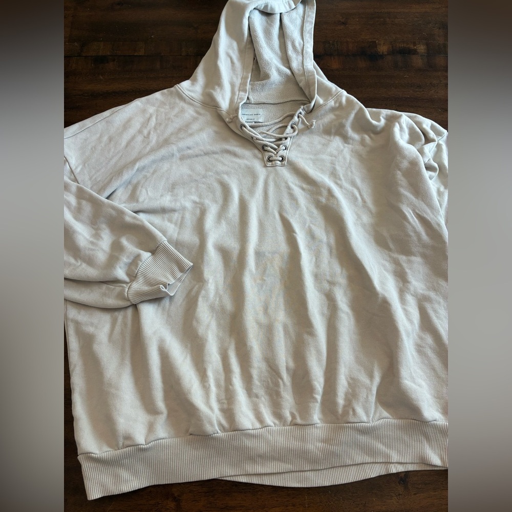 American Eagle Sweatshirt Women’s XL Jegging Fit Tan Hoodie Tie Up Drawstring